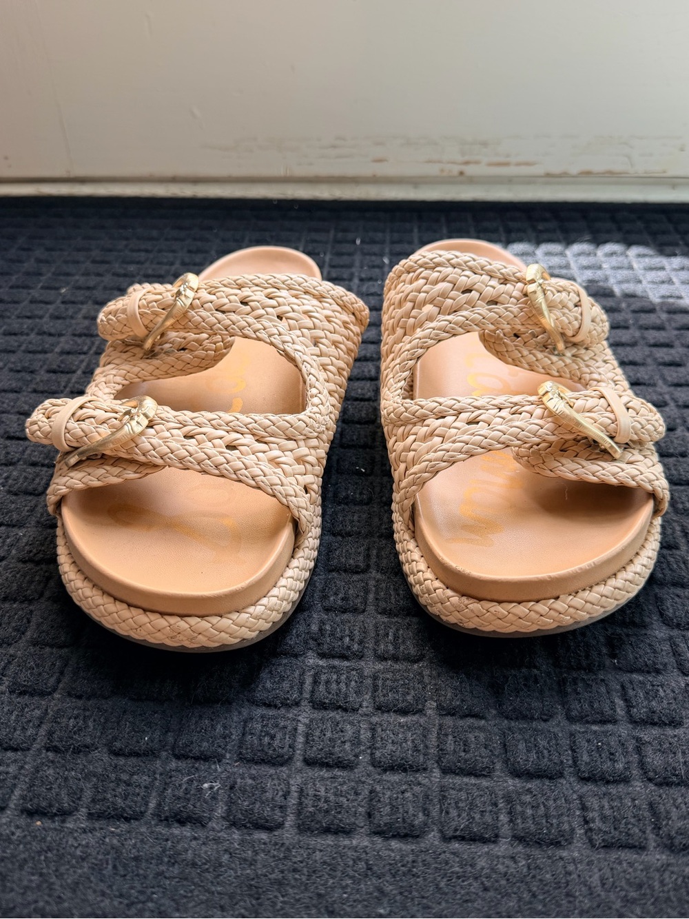 Sam Edelman Tan Slide Sandals with Gold Buckles